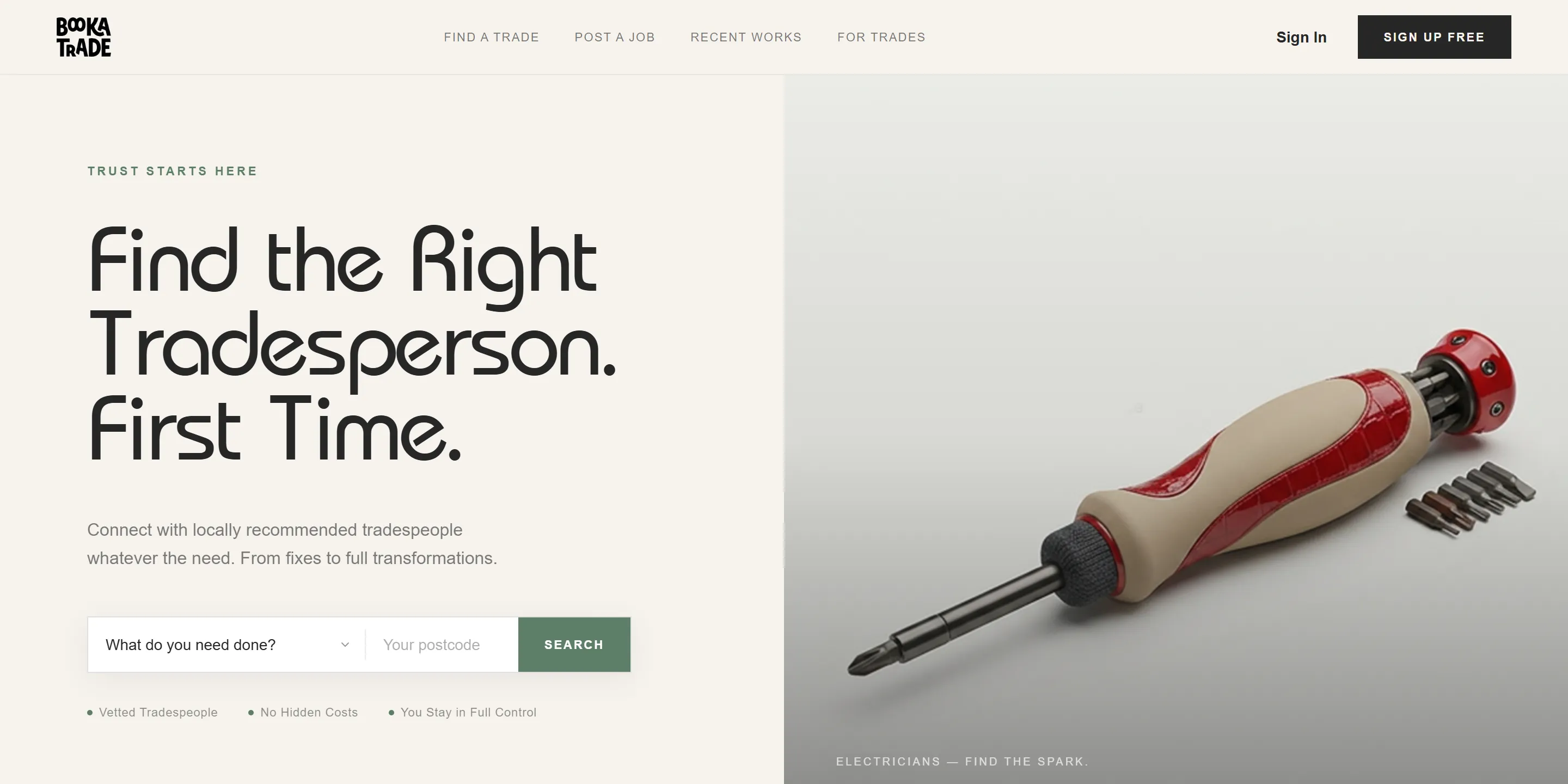 The BOOKaTRADE homepage, headed "Find the Right Tradesperson. First Time." above a search box asking what you need done and your postcode, beside a photograph of a screwdriver and its bit set