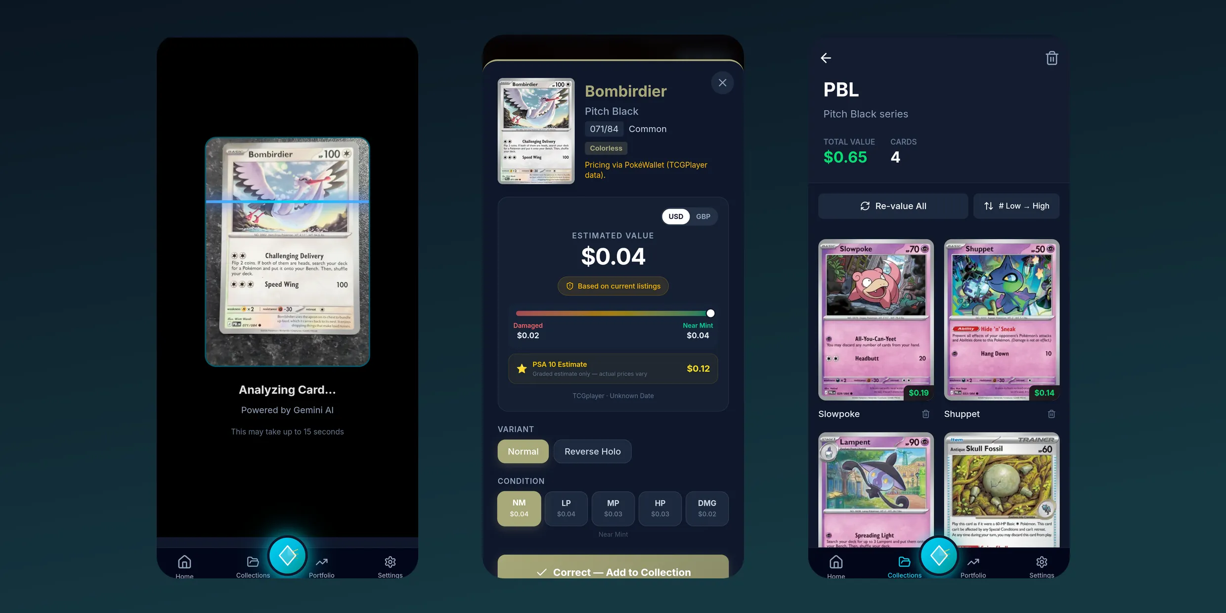 Three CardPrism phone screens side by side — a trading card being analysed by the camera, the identification that follows with its set, number, rarity and estimated value priced by condition, and the collection the card is filed into