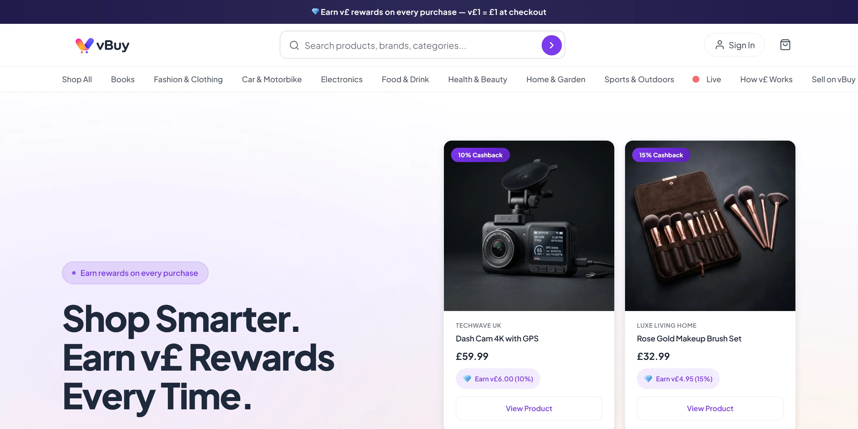The vBuy storefront, headed "Shop Smarter. Earn v£ Rewards Every Time." beside two products showing their price and the v£ each purchase earns — a dash cam at £59.99 earning v£6.00, and a make-up brush set at £32.99 earning v£4.95