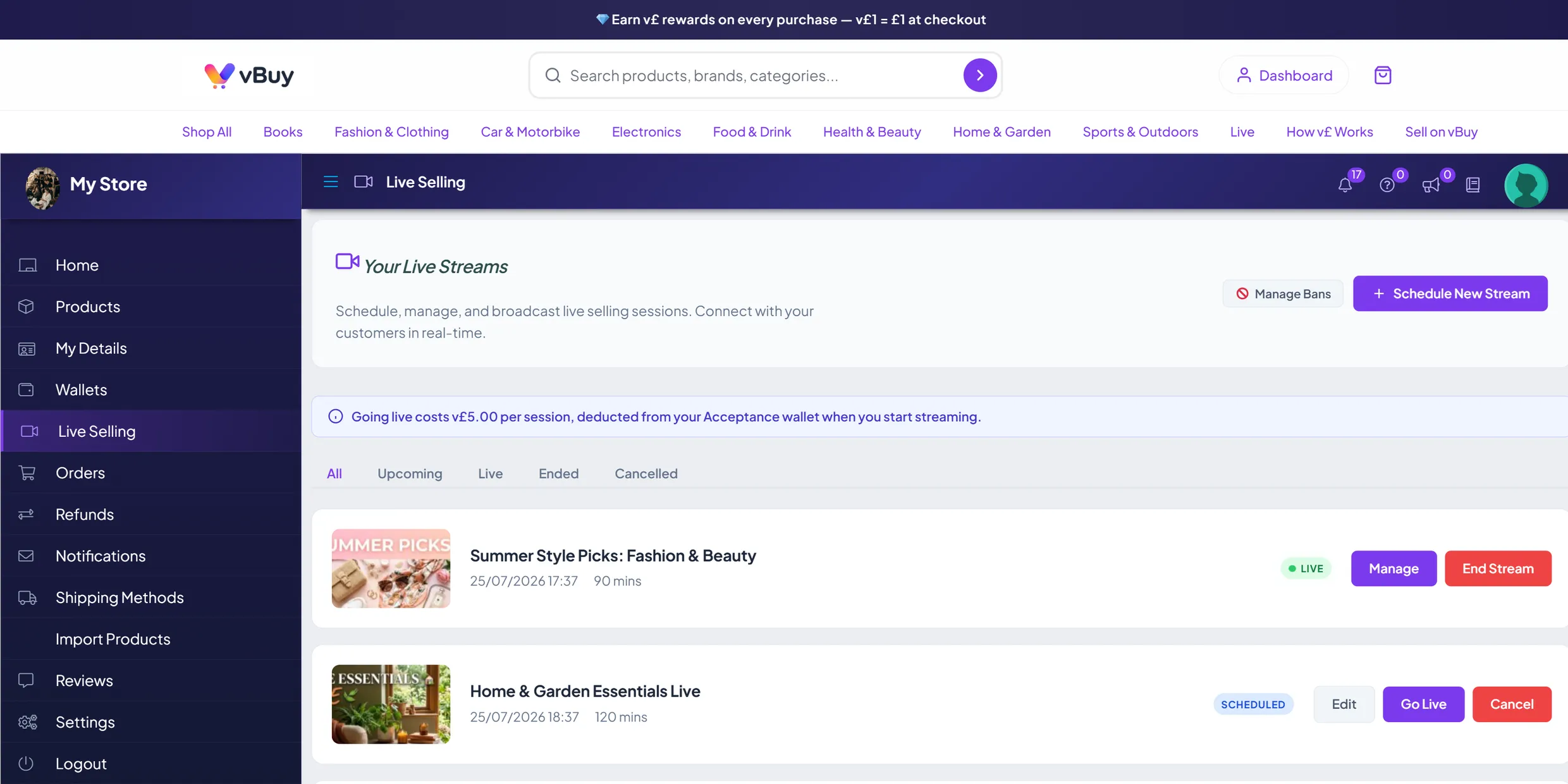 The vBuy live selling dashboard, listing a merchant's scheduled and running streams with the option to go live or end a stream