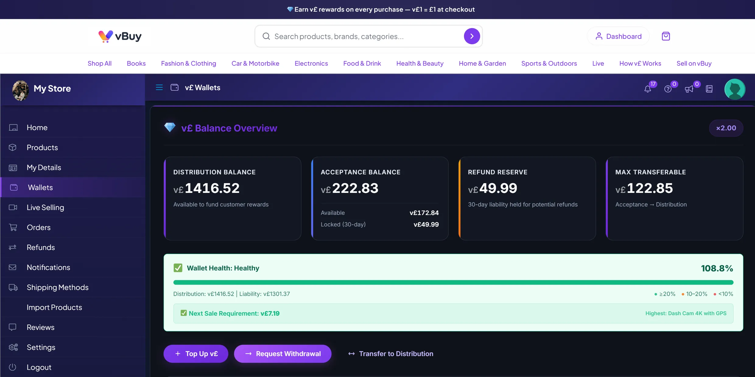The vBuy merchant wallet, showing the distribution balance held to fund customer rewards, the acceptance balance split into available and locked, a thirty-day refund reserve and a wallet health figure against the liability it covers