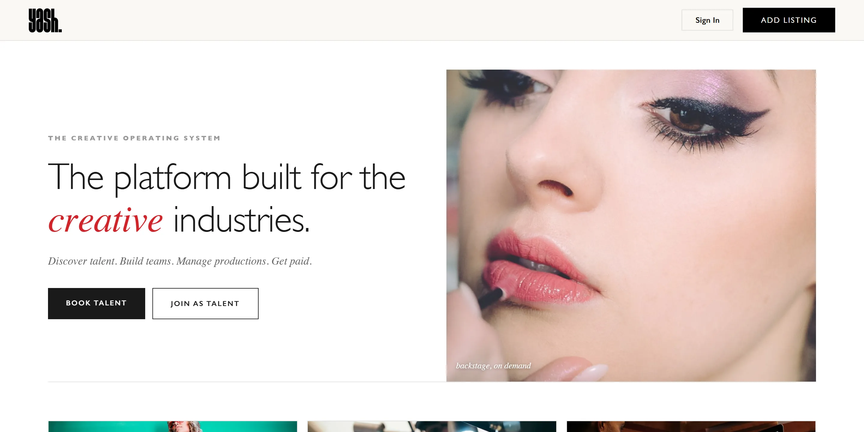 The Yash Talent homepage, headed "The platform built for the creative industries" above Book talent and Join as talent buttons, beside a close-up photograph of a make-up artist working on a model